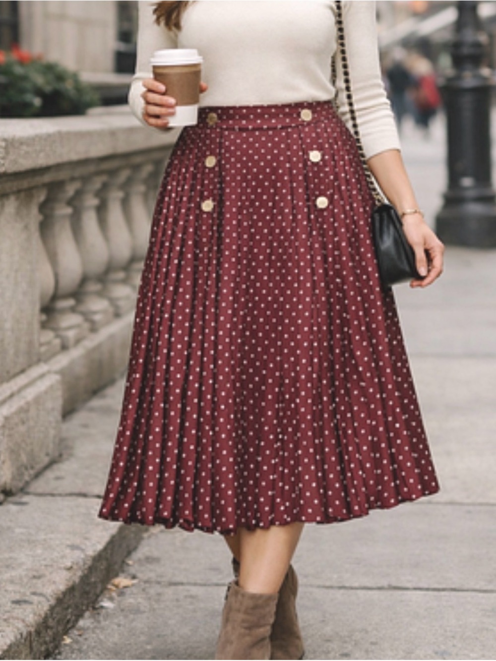 Zara Burgundy Polka Dot Pleated Midi Skirt with Gold Buttons - Picture 1 of 5